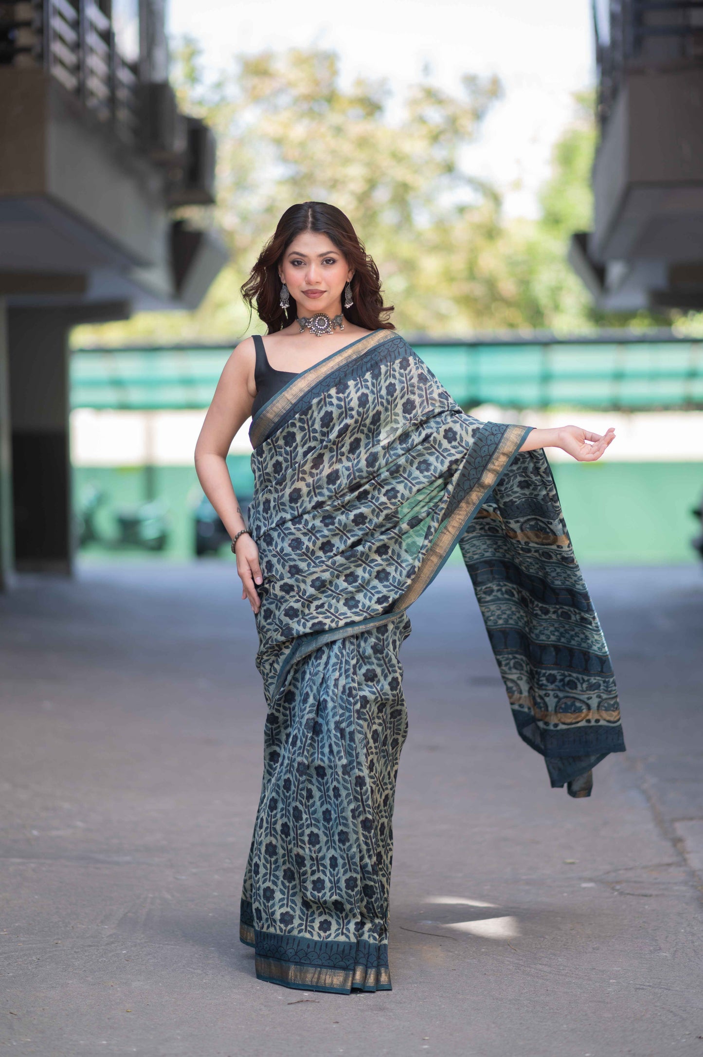 Sharvini- Beige Ajrakh Maheshwari Silk Saree