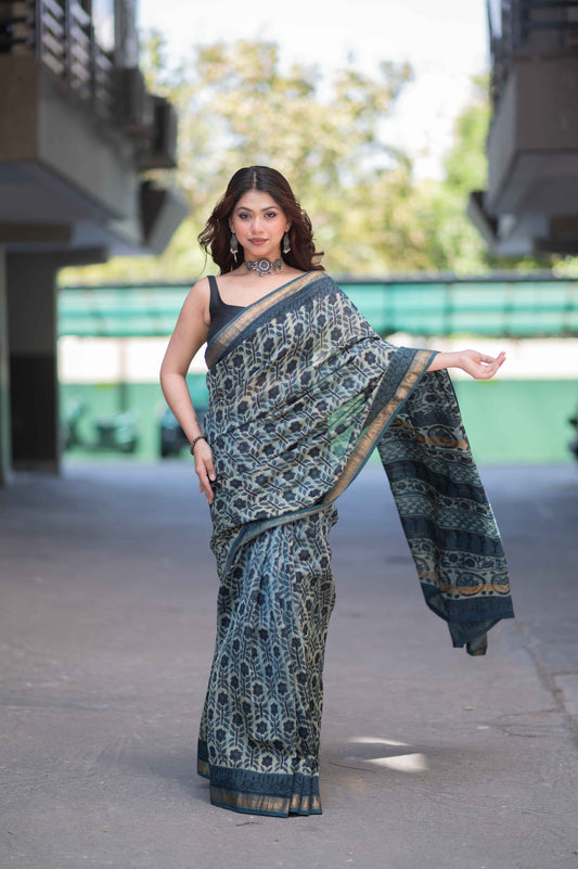 Sharvini- Beige Ajrakh Maheshwari Silk Saree