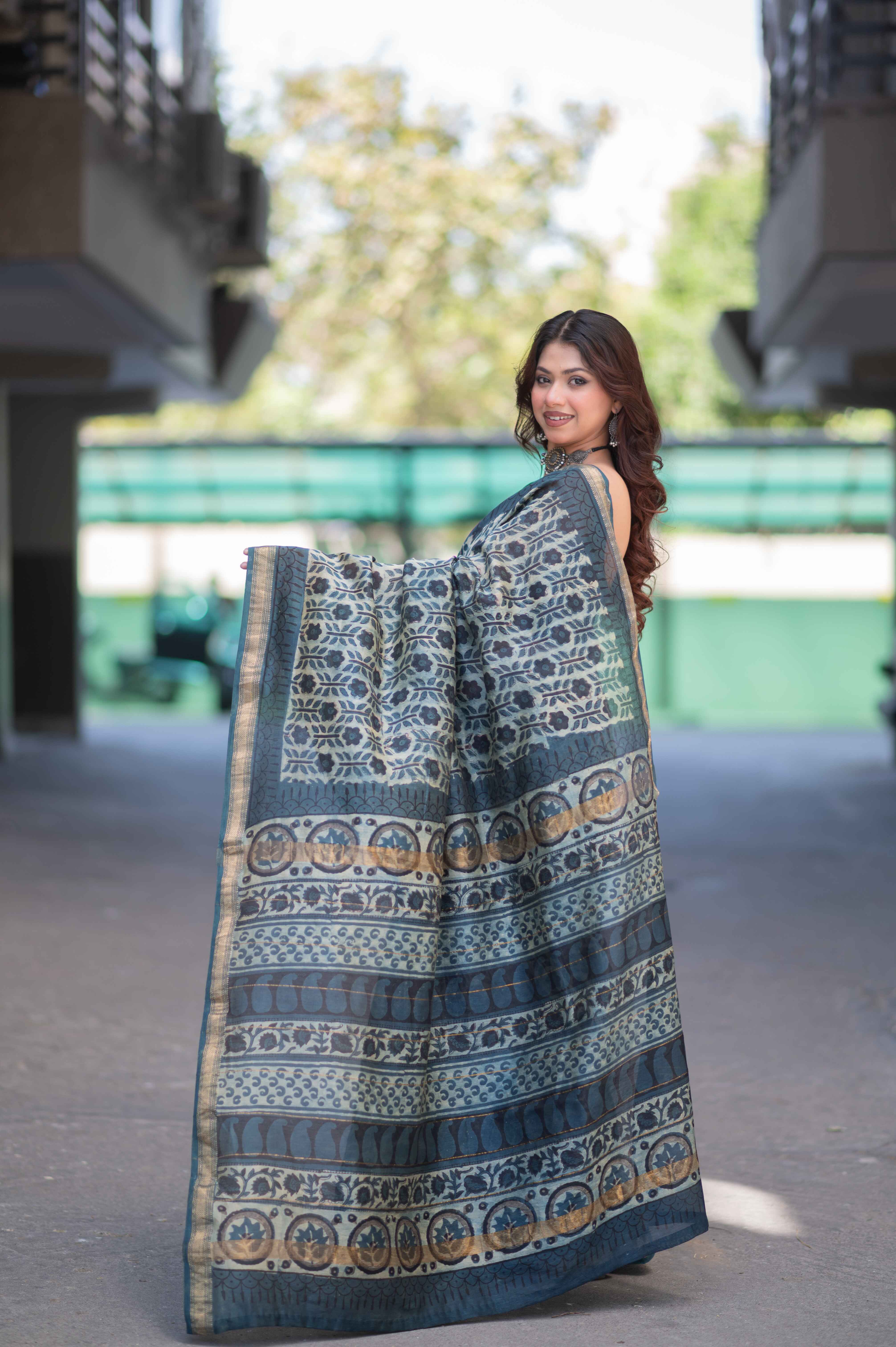 Sharvini- Beige Ajrakh Maheshwari Silk Saree