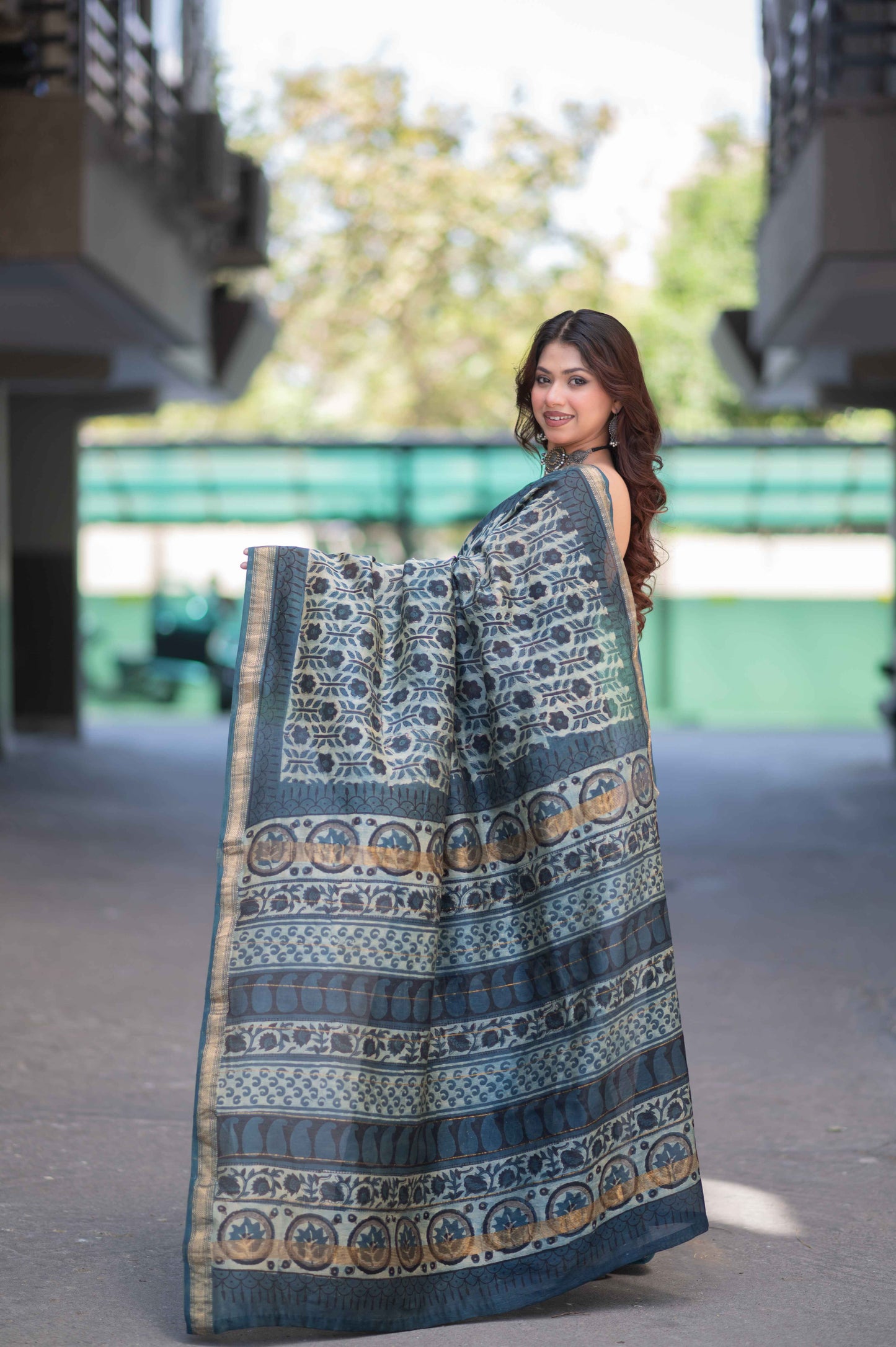 Sharvini- Beige Ajrakh Maheshwari Silk Saree