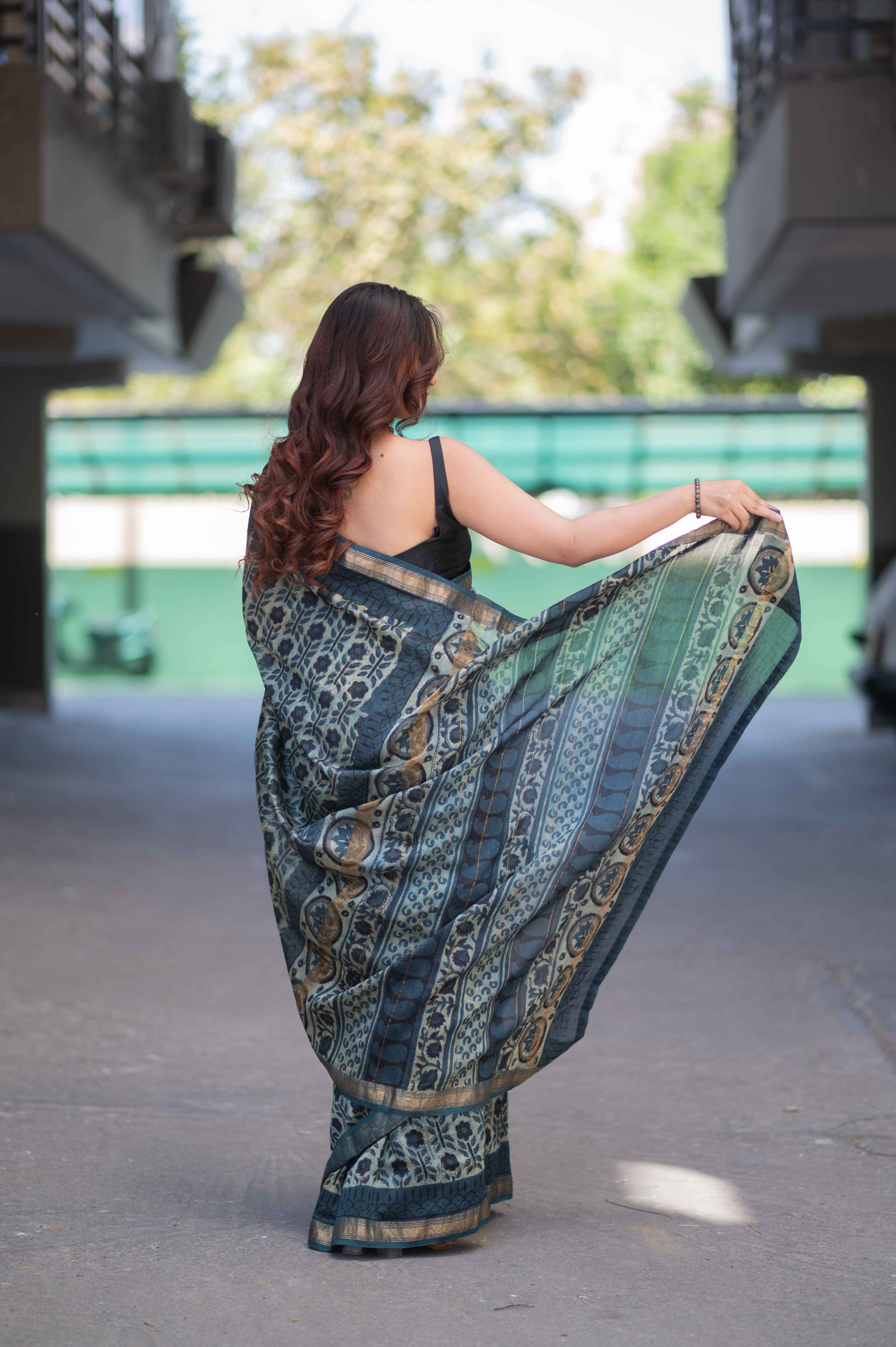 Sharvini- Beige Ajrakh Maheshwari Silk Saree