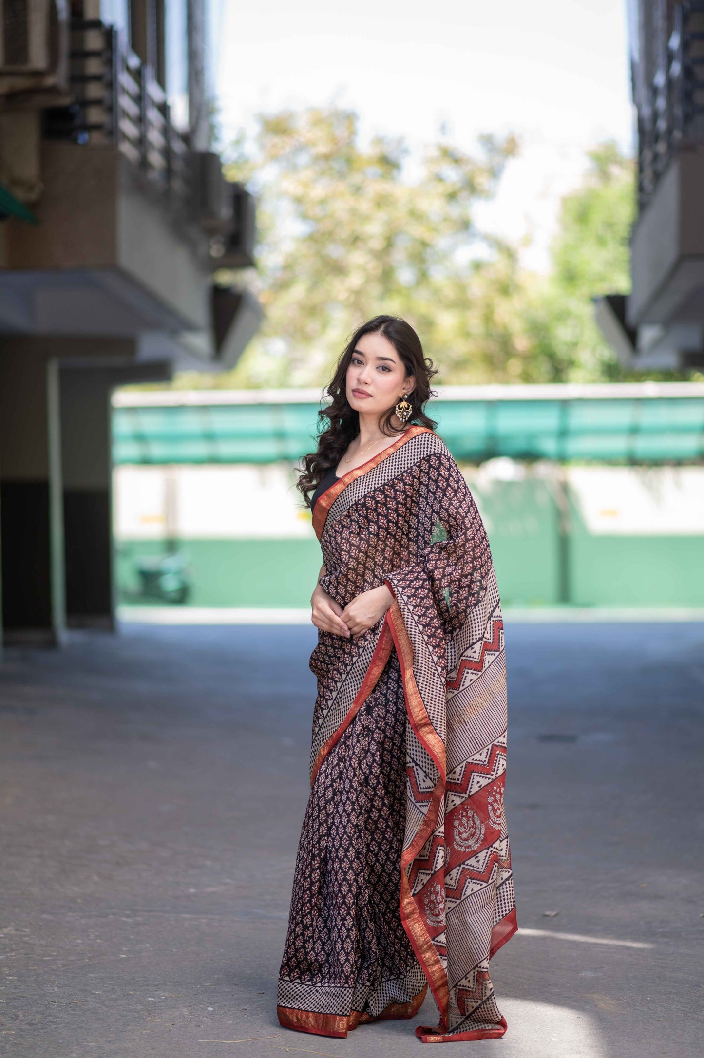 Sitara- Black Bagru Maheshwari Silk Saree