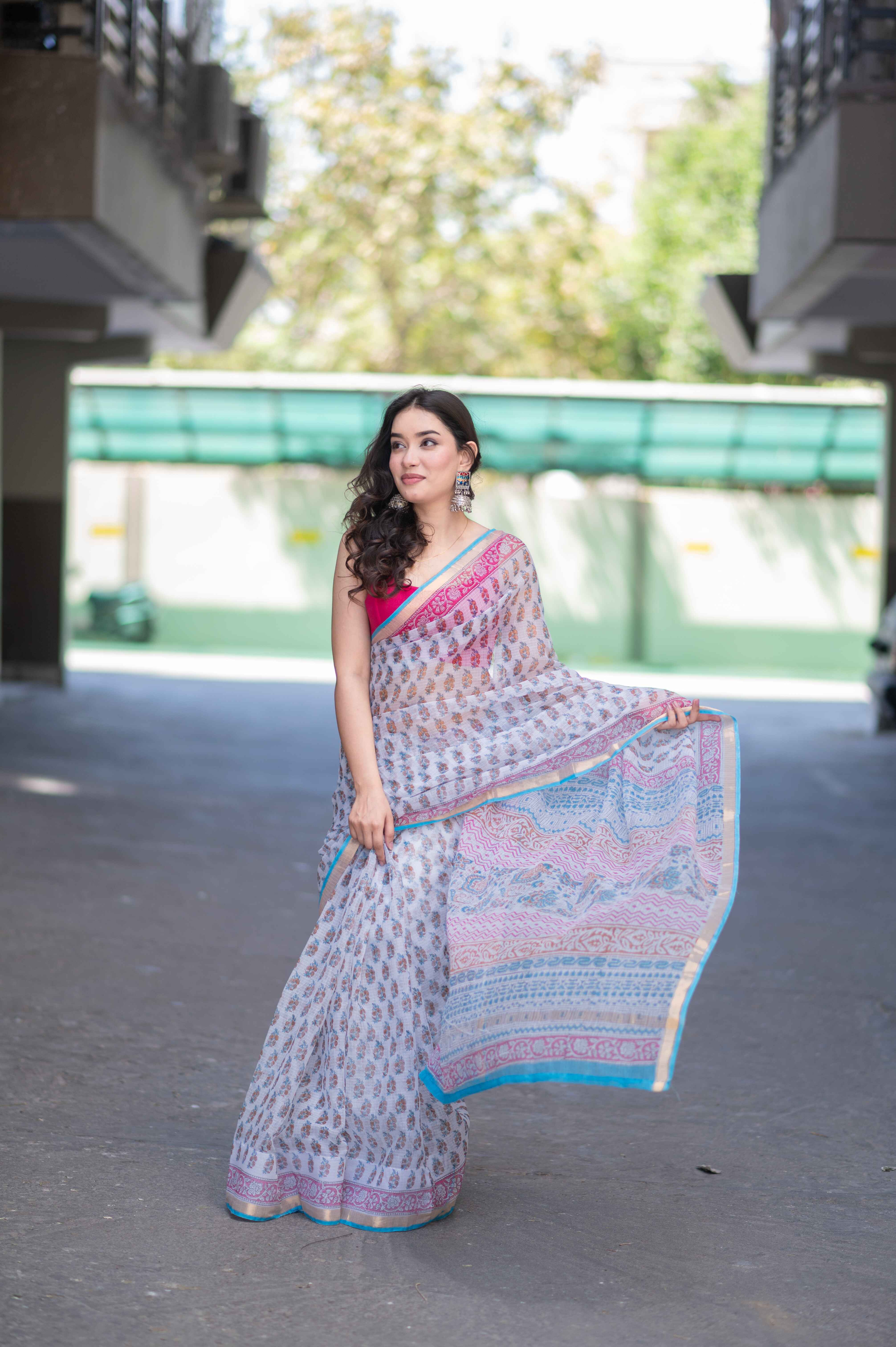 Sugar Pearl- White Block Printed Saree