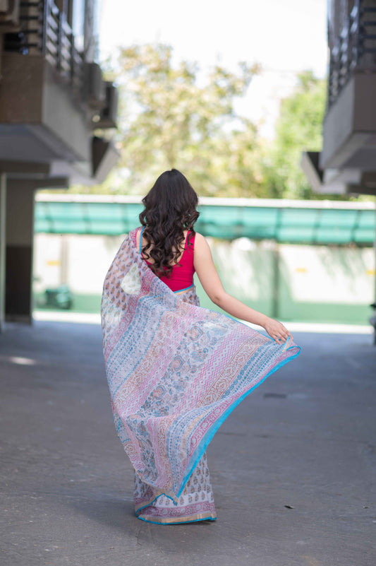 Sugar Pearl- White Block Printed Saree