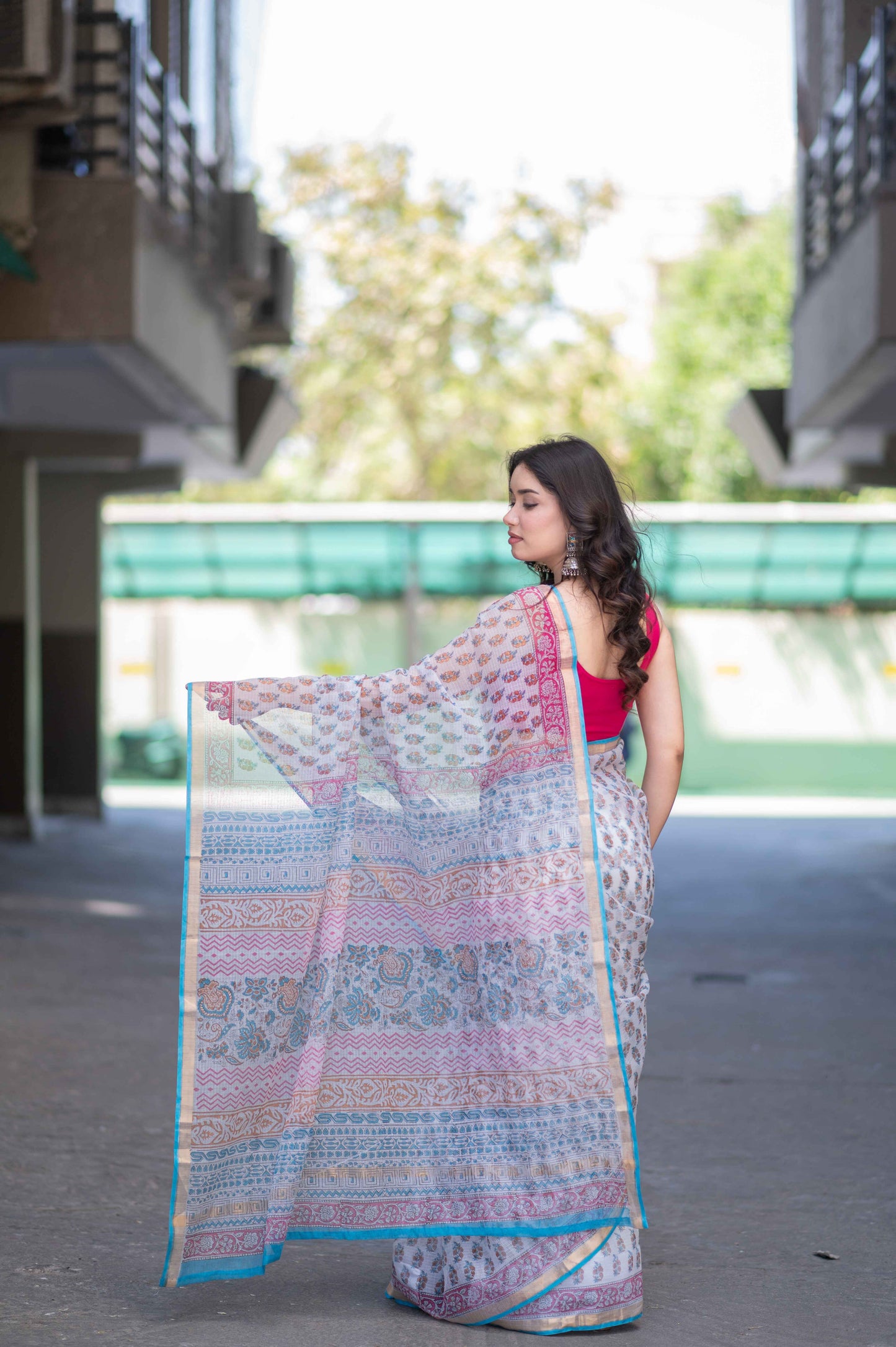 Sugar Pearl- White Block Printed Saree