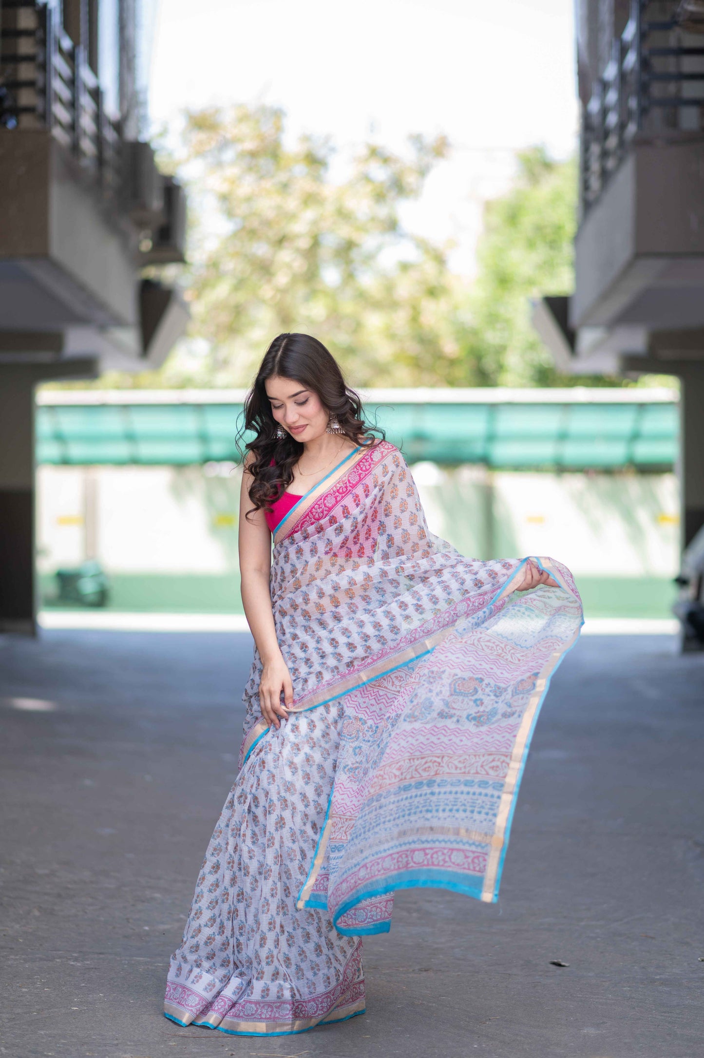 Sugar Pearl- White Block Printed Saree