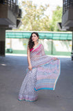 Sugar Pearl- White Block Printed Saree