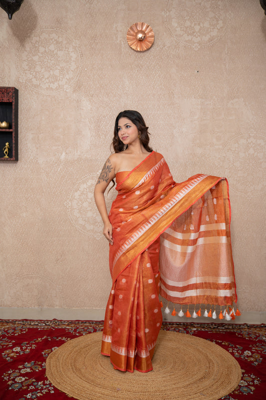 Sunset Skies - Peach Zari Linen Saree