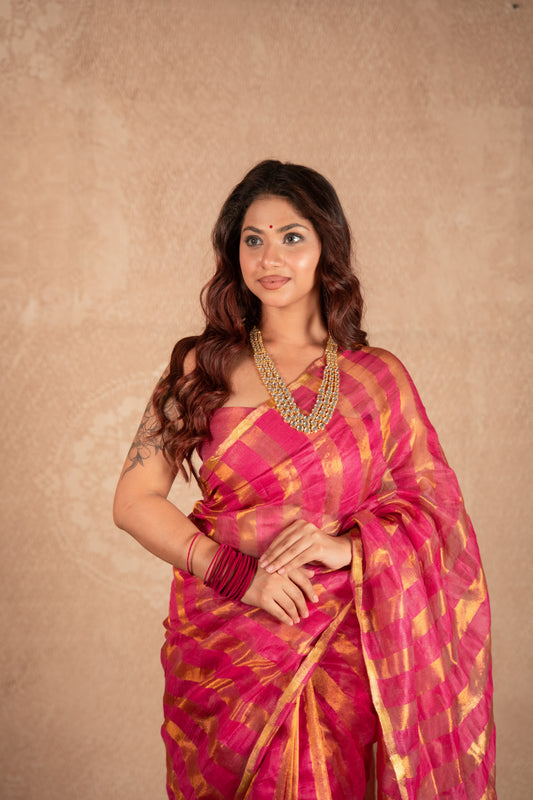 Sutraja- Pink Striped Silk Saree
