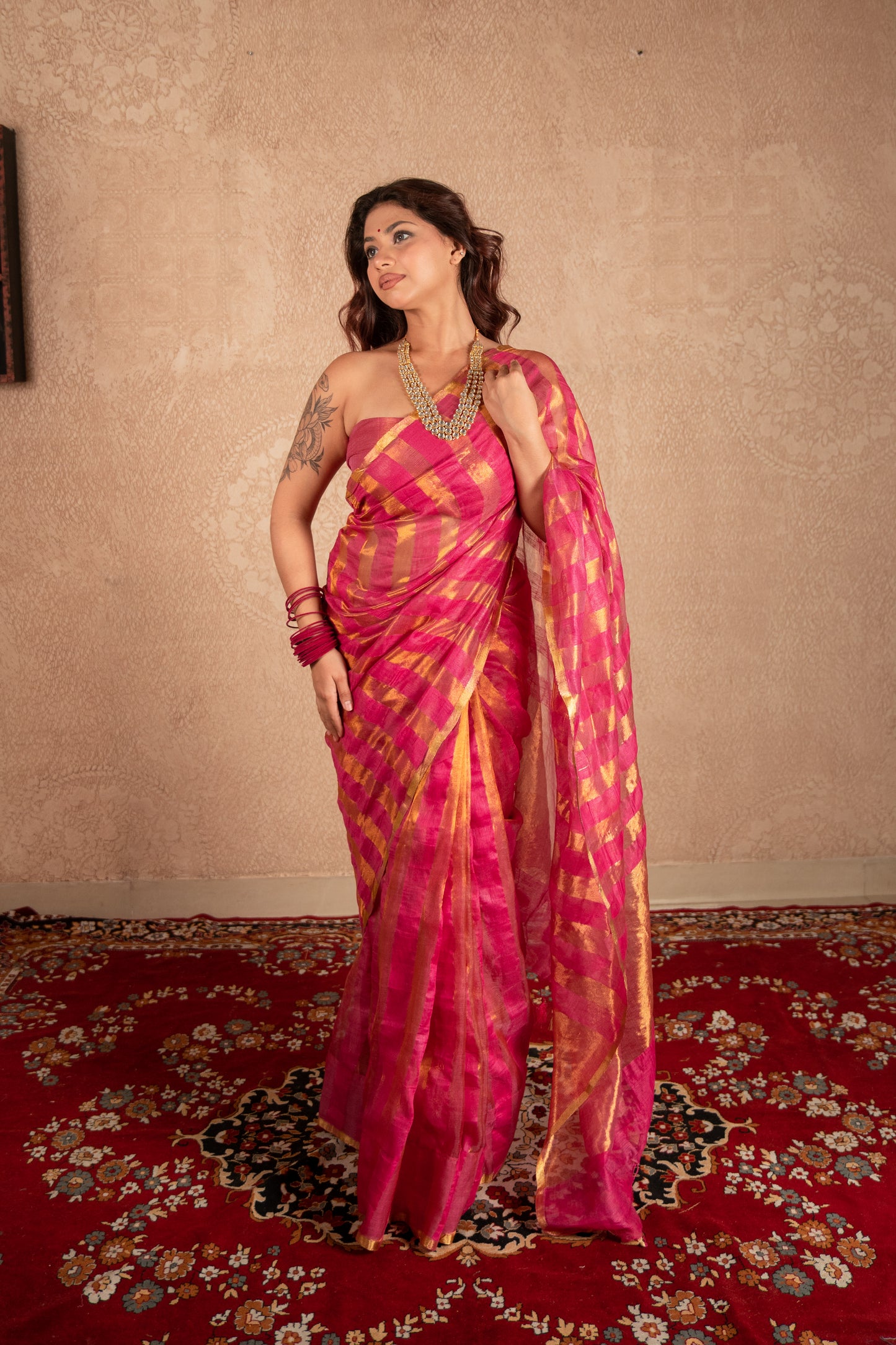 Sutraja- Pink Striped Silk Saree