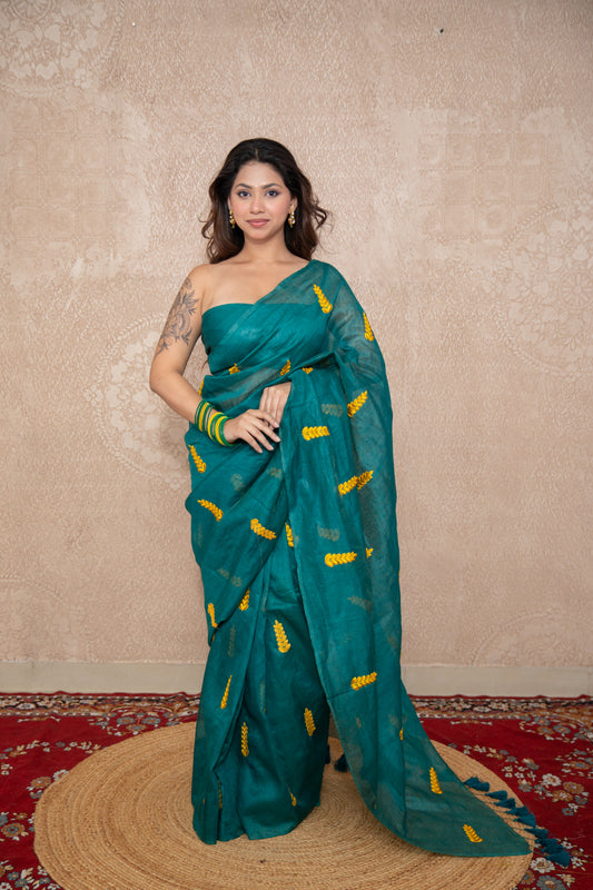 Sutrika- Green Silk Saree with leaf embroidery