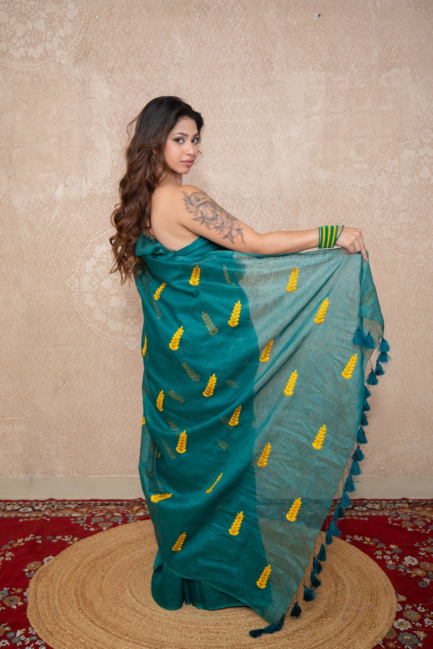 Sutrika- Green Silk Saree with leaf embroidery