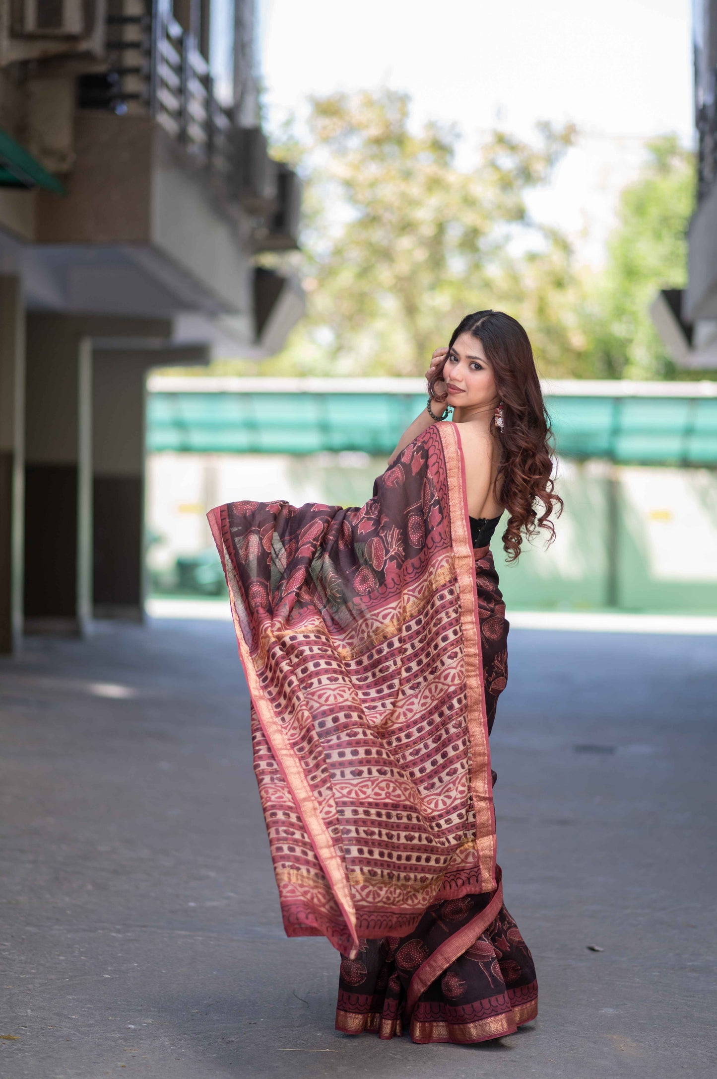 Vaidehi- Maroon Ajrakh Maheshwari Silk Saree