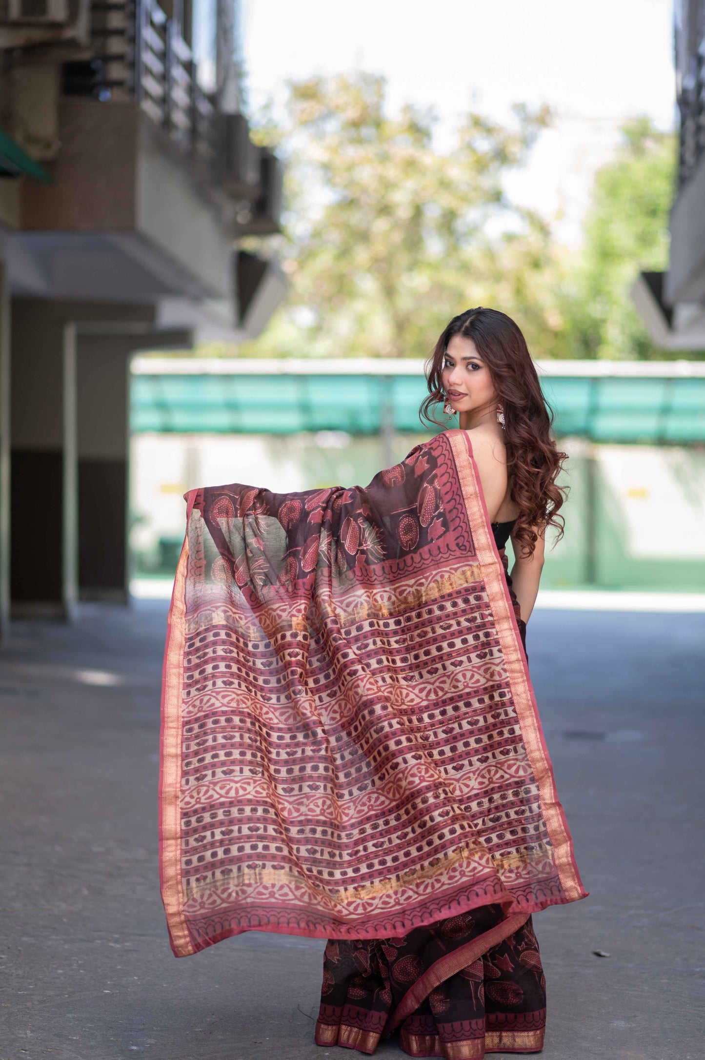Vaidehi- Maroon Ajrakh Maheshwari Silk Saree