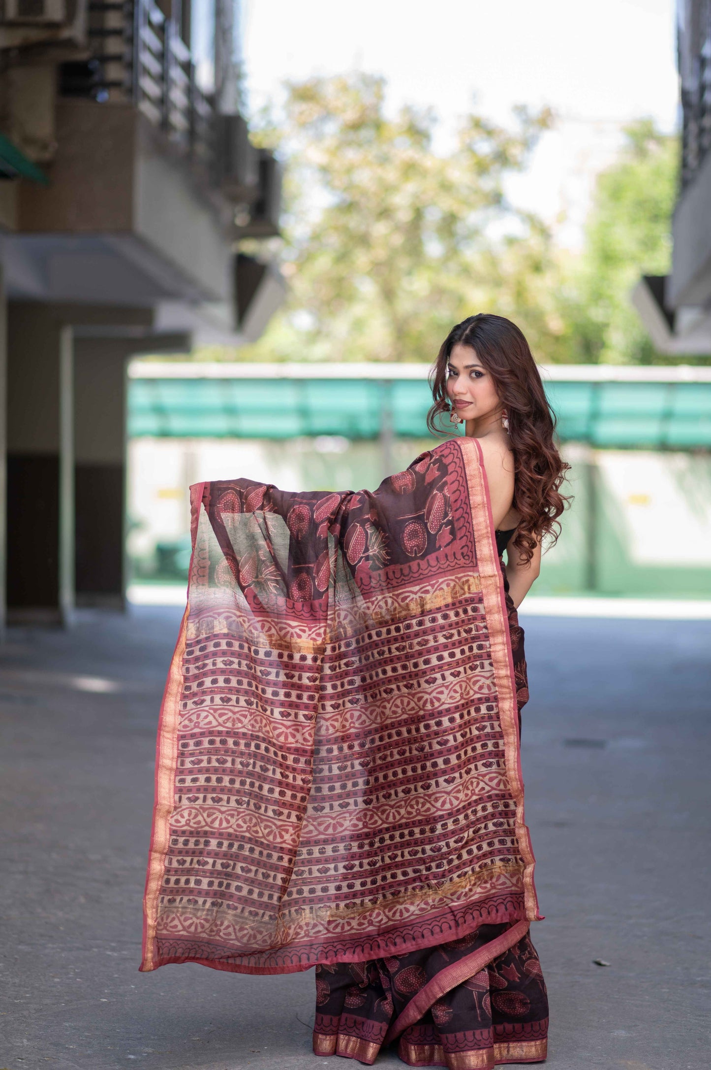 Vaidehi- Maroon Ajrakh Maheshwari Silk Saree