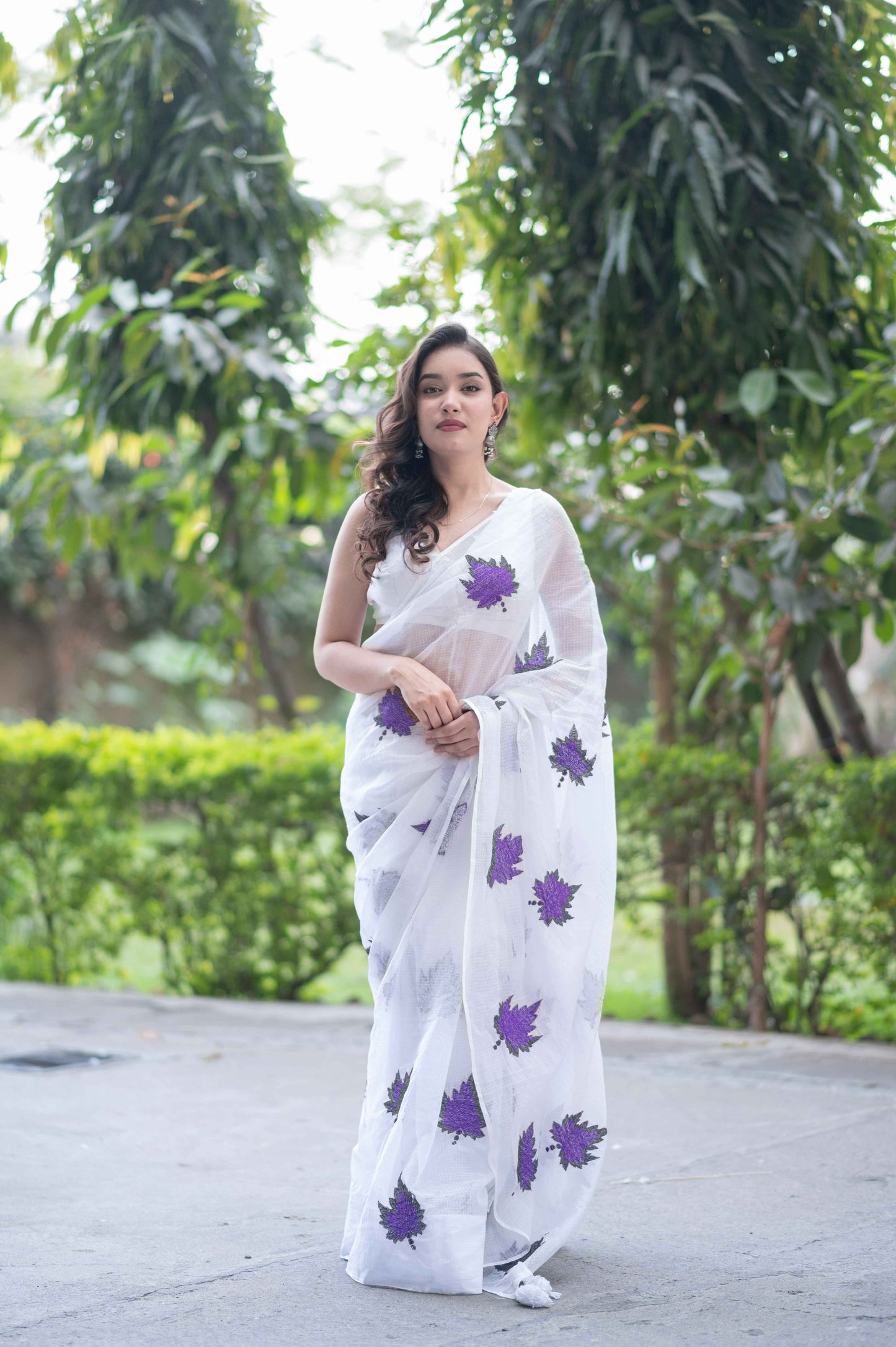 Violet Leaf - White Kota Doria Saree
