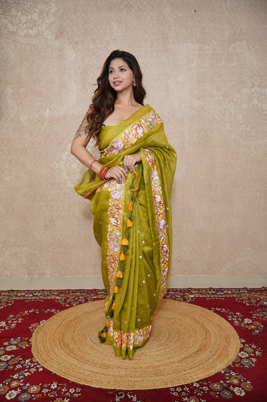 Vasanta - Green Floral Silk Saree