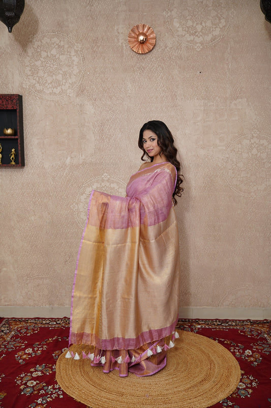 Vrinda- Pink Zari Saree with temple border