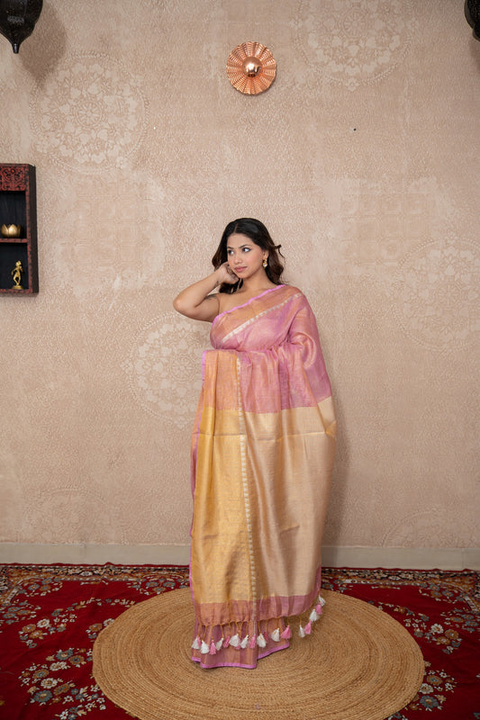 Vrinda- Pink Zari Saree with temple border