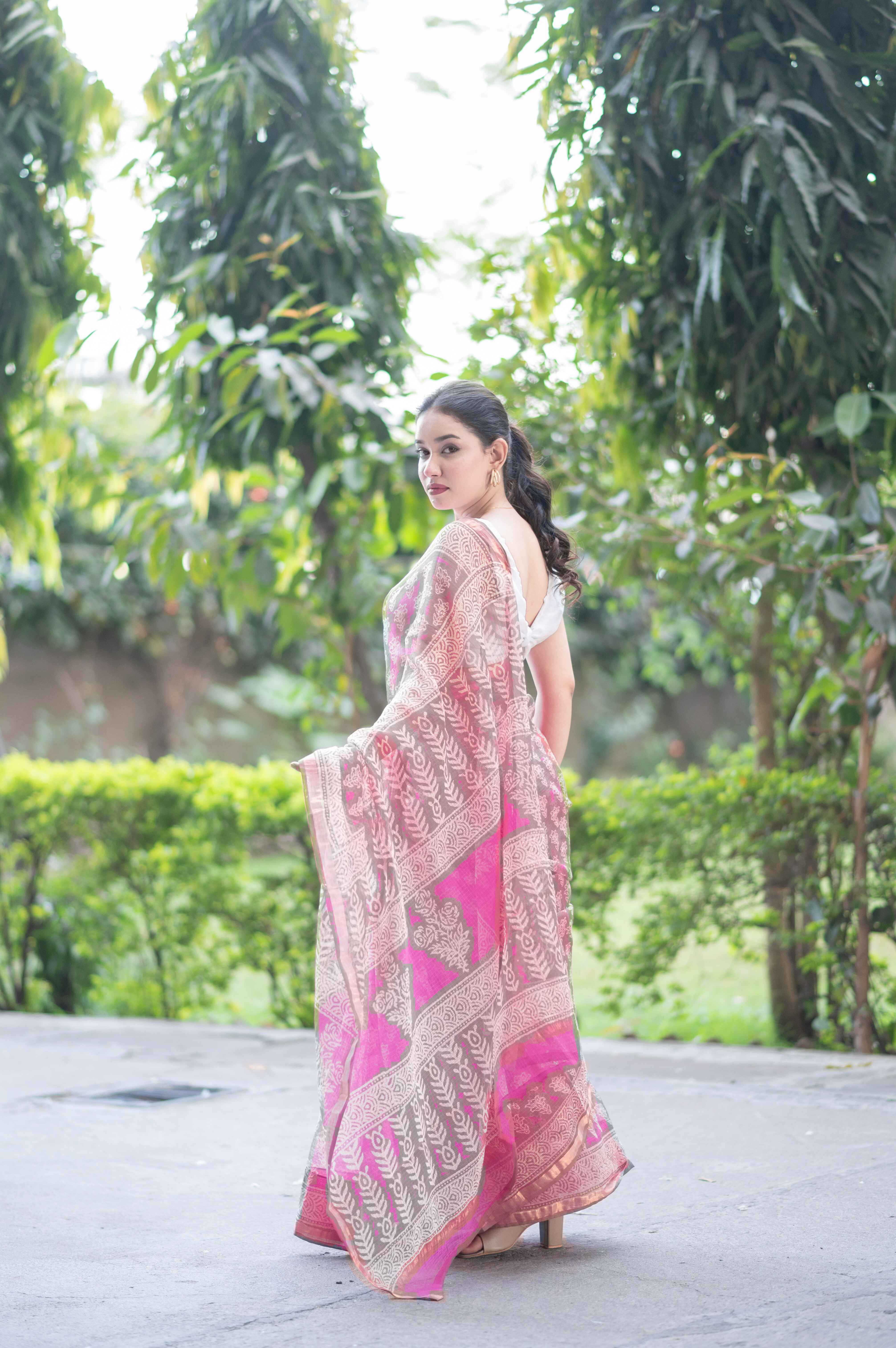 Willow Dream- Pink Dabu Kota Doria Saree