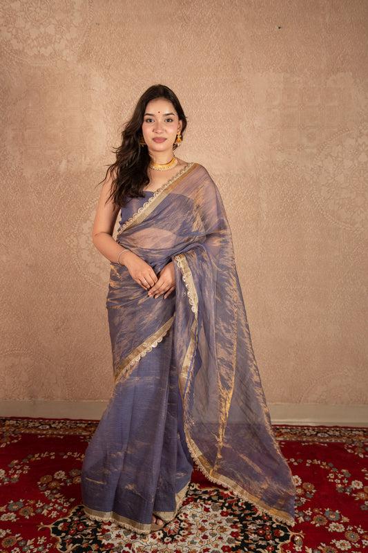 Zunaa- Blue Kota Tissue Silk Saree